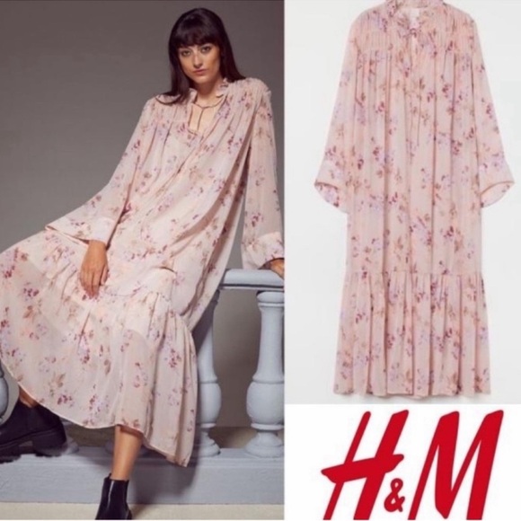 H&M Dresses & Skirts - H&M Pink Floral Sheer Chiffon High Ruffle Neck Hippie Boho MIDI Length Dress SzL